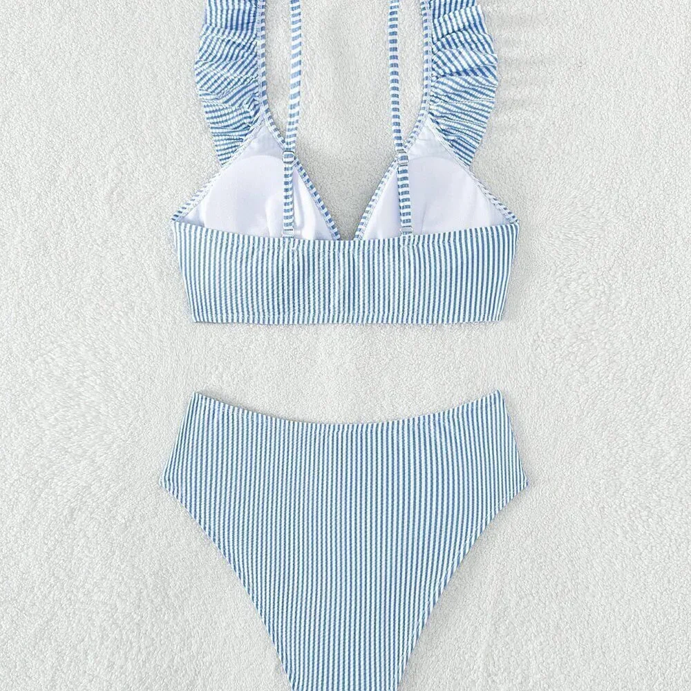 Blue and White Boho Womens Swim Summer Beach Striped Ruffle Trim Bikini Swimsuit